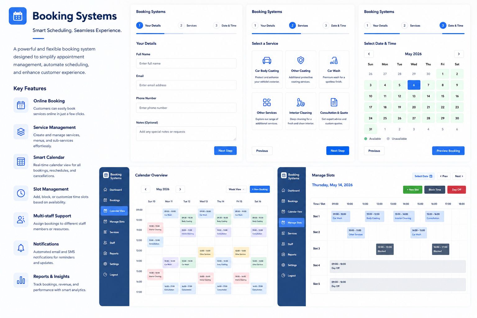 Custom booking and scheduling system built by LynqLeads Singapore — online appointment booking, service selection, calendar and slot management